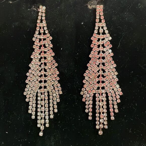 3.25” free moving silver tone long chain crystal chandelier stud earrings - Picture 2 of 11